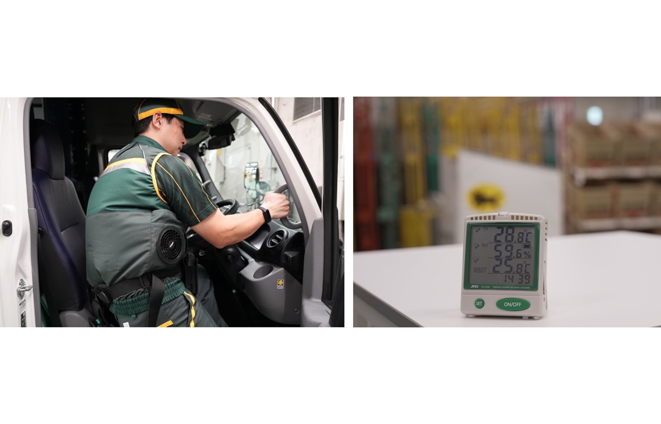 ファン付きベストを着用したドライバーとWBGT測定器