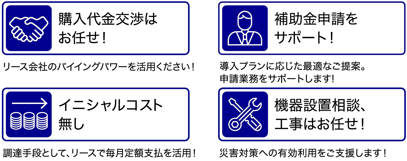 「購入代金交渉はお任せ！」「イニシャルコスト無し」「補助金申請をサポート！」「機器設置相談、工事はお任せ！」