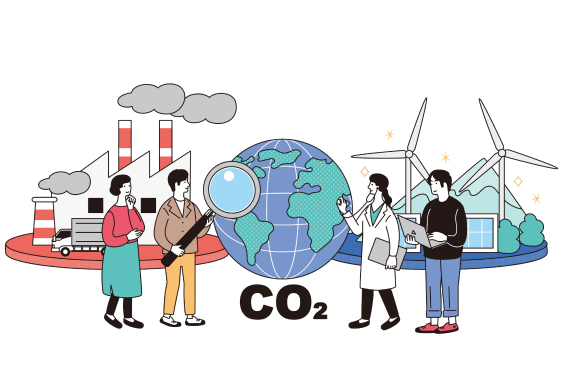 地球と大きく書かれた「CO₂」を背景に、煙を吐く工場やトラックの排出を調査する人と、風力発電機や太陽光パネルを前に再生可能エネルギーを検討する人々を描いた脱炭素化のイラスト