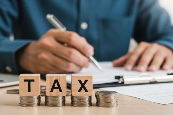 書類にペンで記入する人物の手元と、その手前に積まれたコインの上に“TAX”と書かれた木製ブロックが置かれている様子