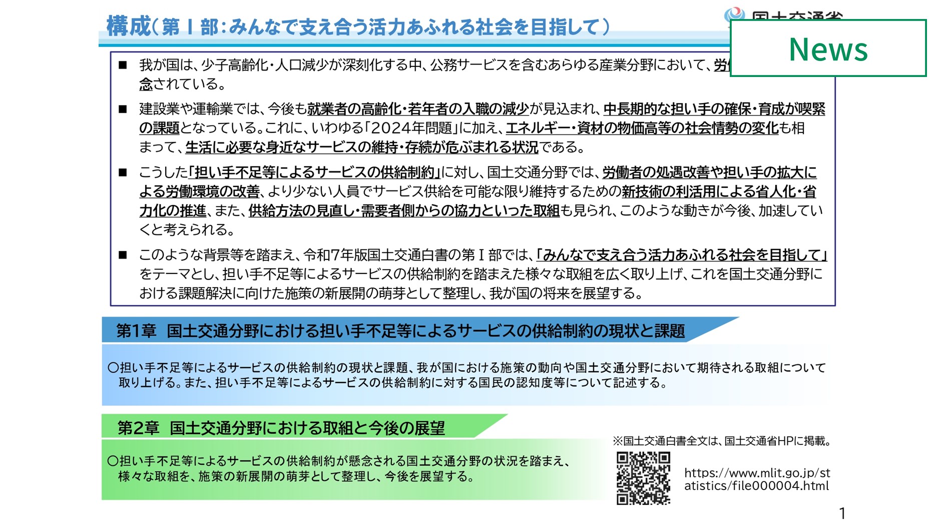 国交省、2025年版国土交通白書公表　省人化技術利活用等を取り上げ　イメージ